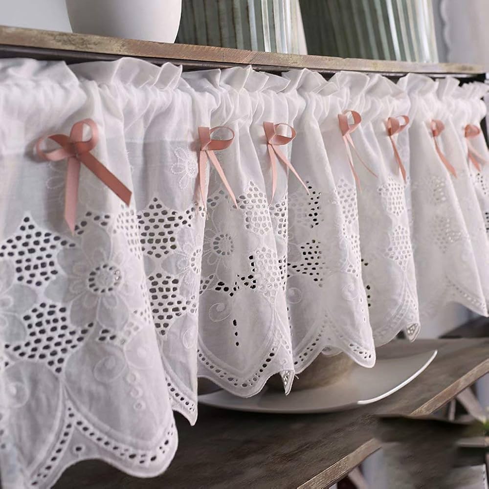 ホワイトリボン付きカフェカーテン ホワイトコットン♪リボンアップカフェカーテン 横114cm×縦120cm